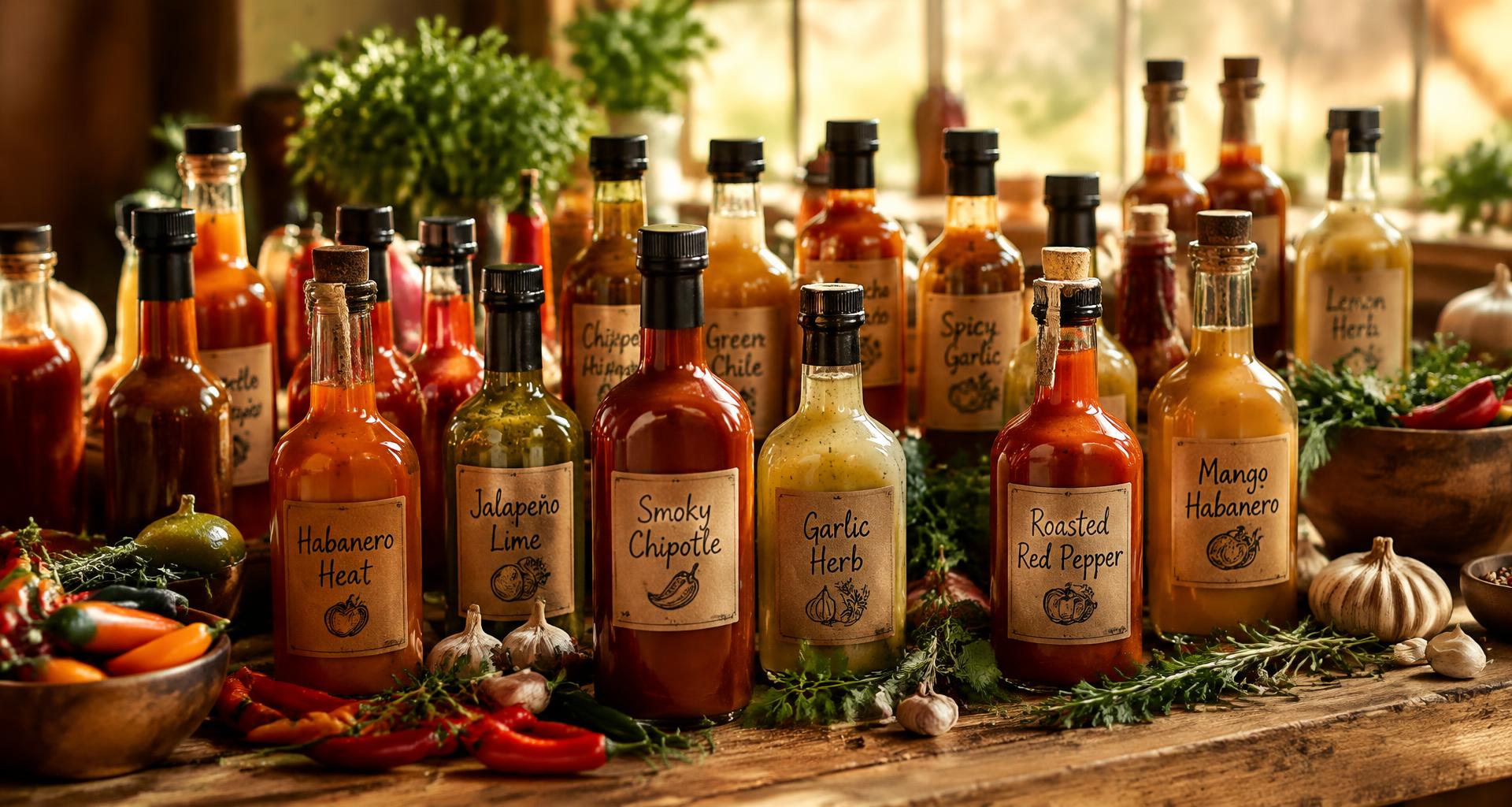 A market table full of small-batch artisan sauce bottles